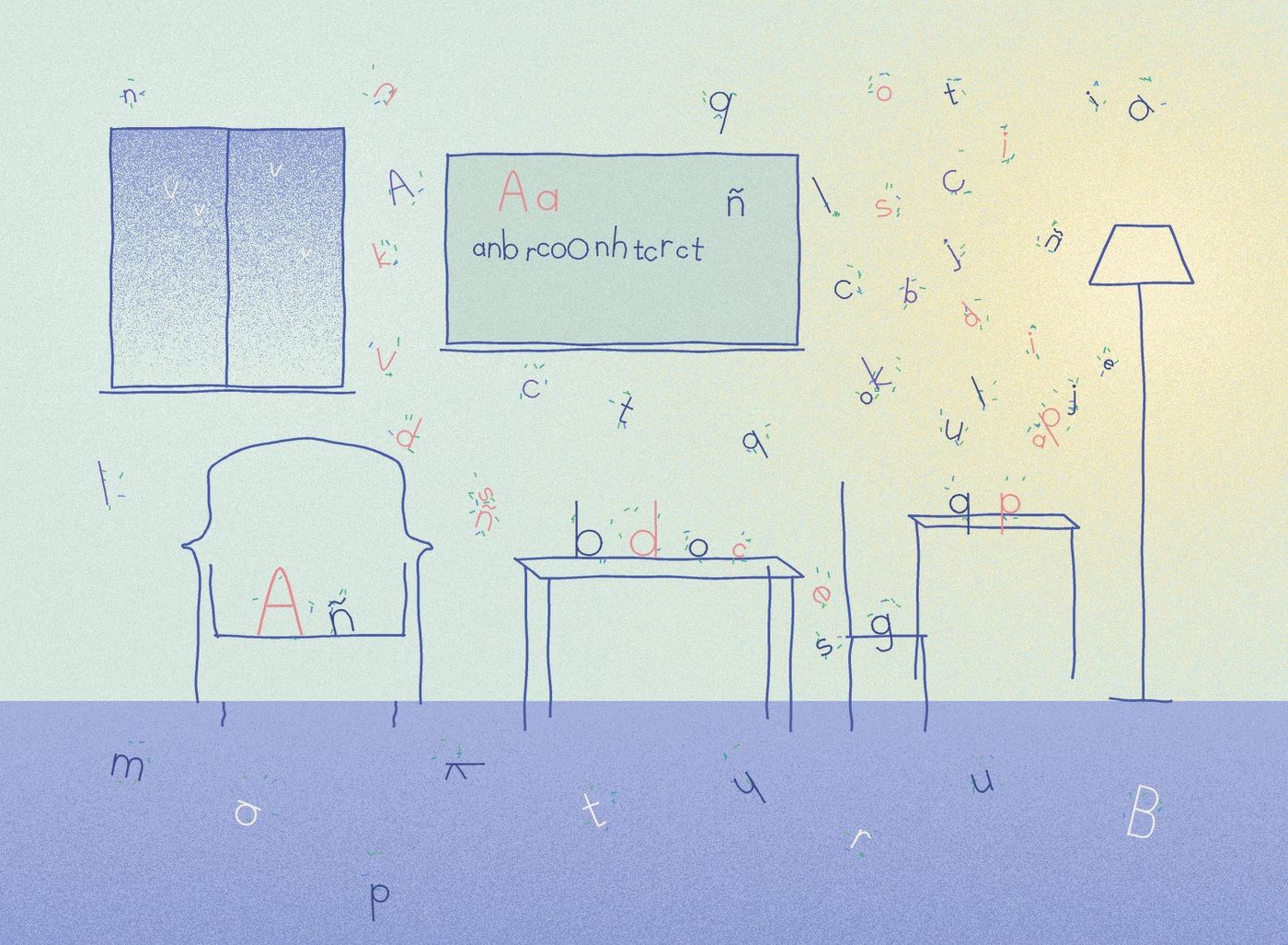 Un aula sin personas: un sillón, pupitres, un tablero y una lámpara, habitados por letras sueltas.